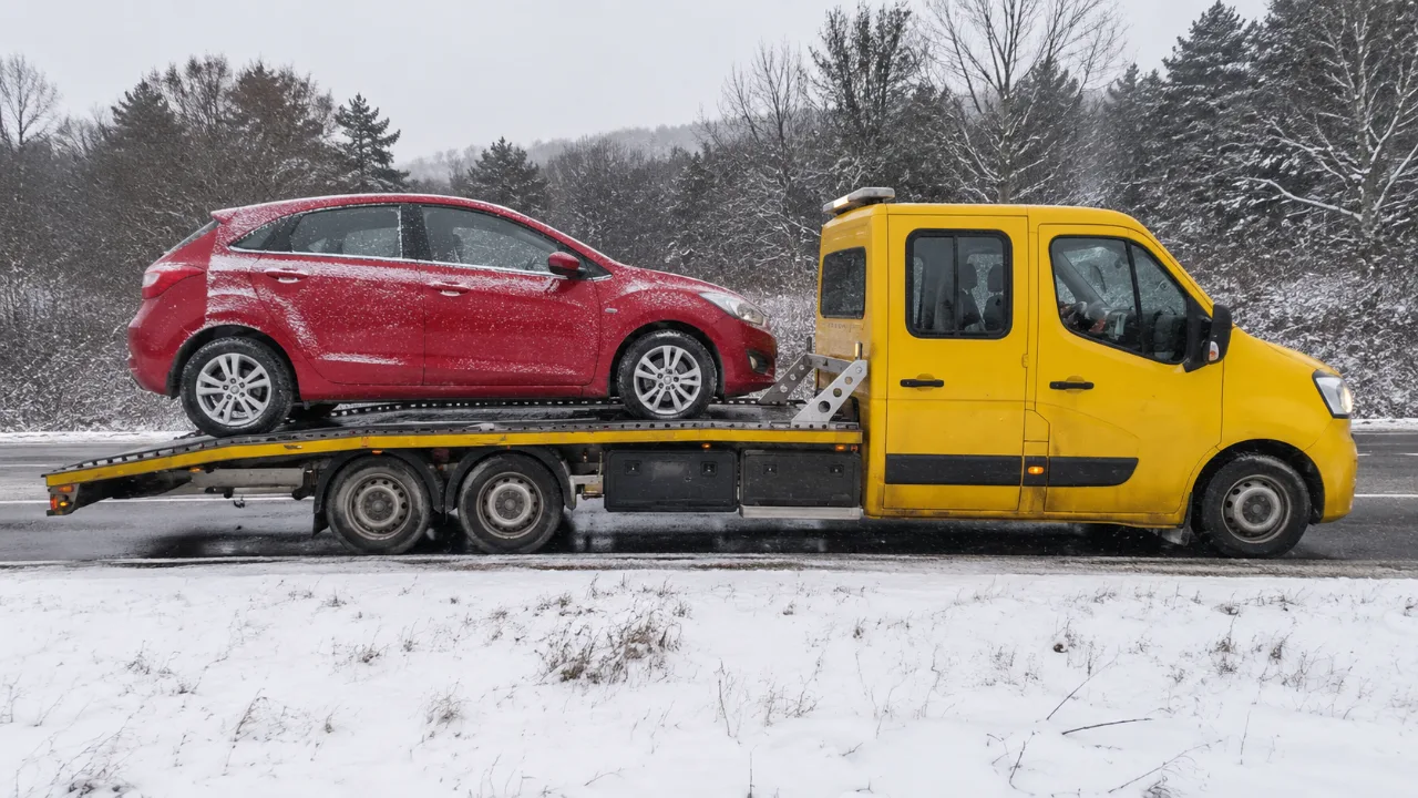Holowanie czerwonego auta na lawecie zimą – Lubin