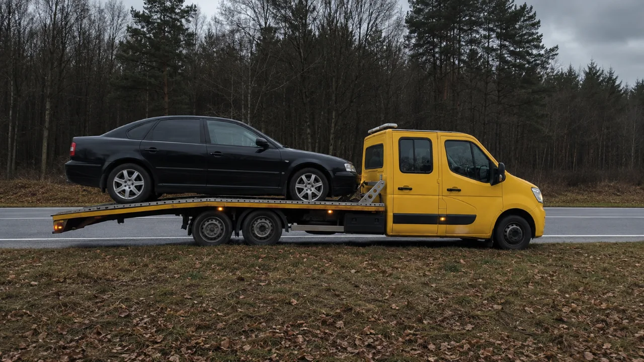Sedan załadowany na lawetę po przebiciu opony – pomoc drogowa Lubin