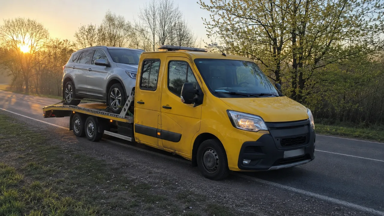 Laweta LUBIN-HOL z SUV-em na platformie o wschodzie słońca – Lubin