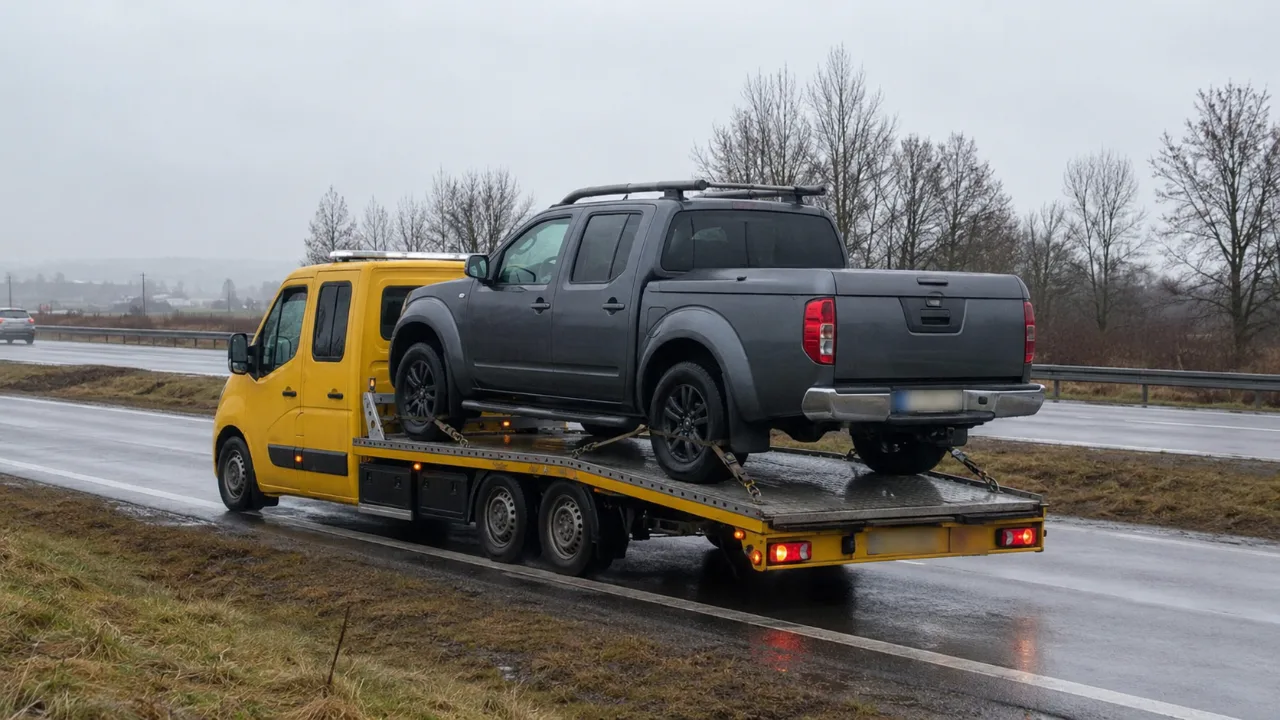 Pickup załadowany na lawetę po wyciągnięciu z rowu – Lubin i okolice