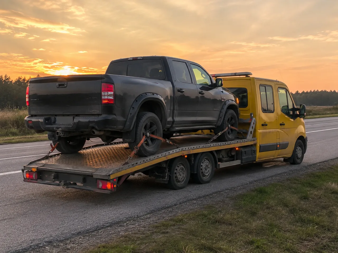 Laweta z ładunkiem na platformie o zachodzie słońca – transport maszyn Lubin