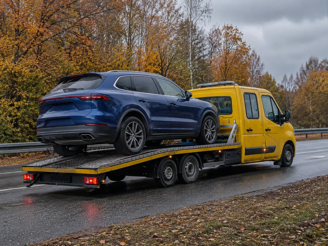 Niebieski SUV przypięty na lawecie przed wyjazdem w trasę – LUBIN-HOL Lubin